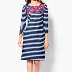 Talbots Petite Navy Stripes & Red Flowers 3/4-Sleeve Knit Dress Size SP Preppy